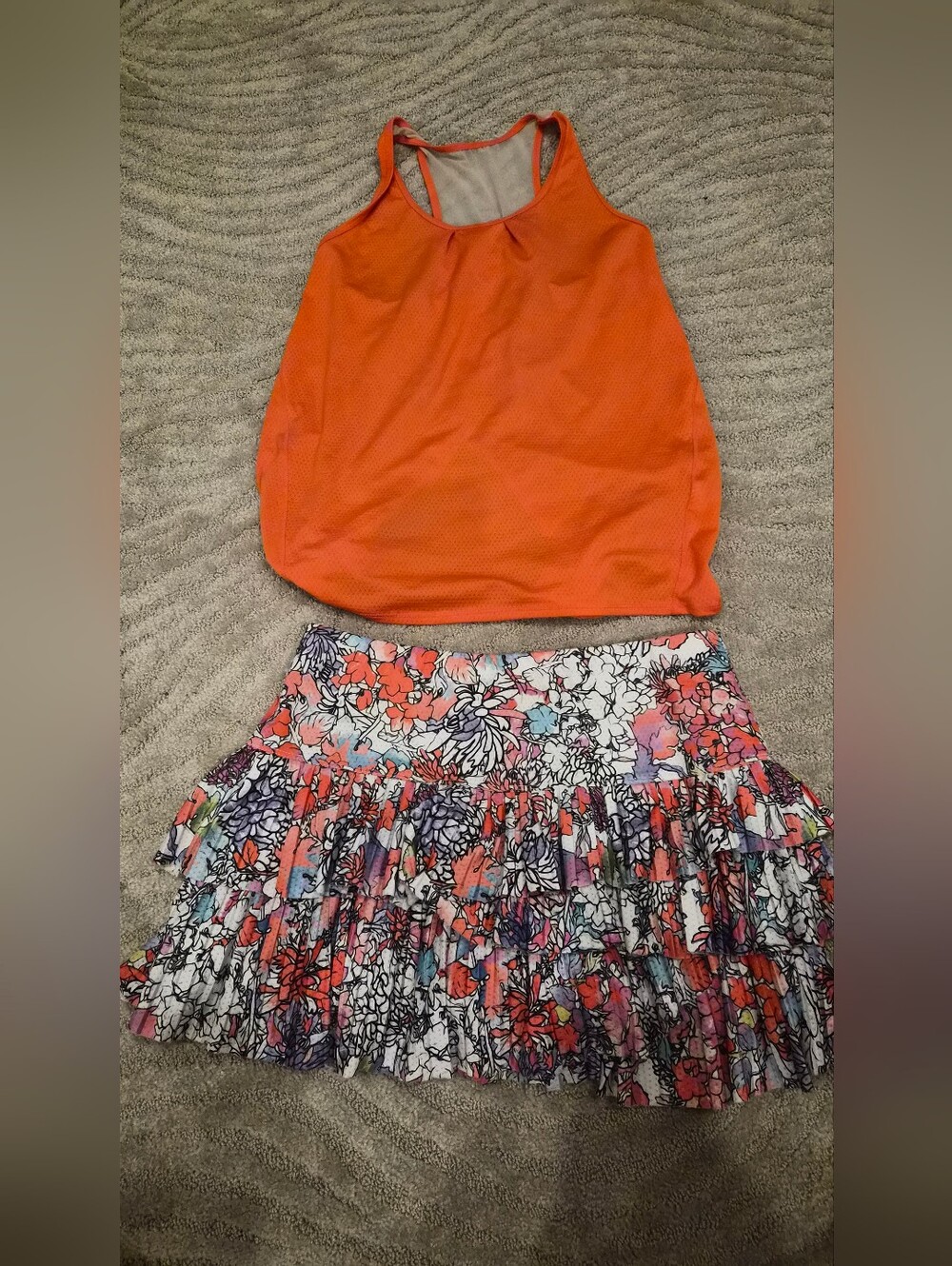 2 Piece-Lucky In Love Dark Orange Tennis Tank W/ Tiered Floral Tennis Skirt S/M